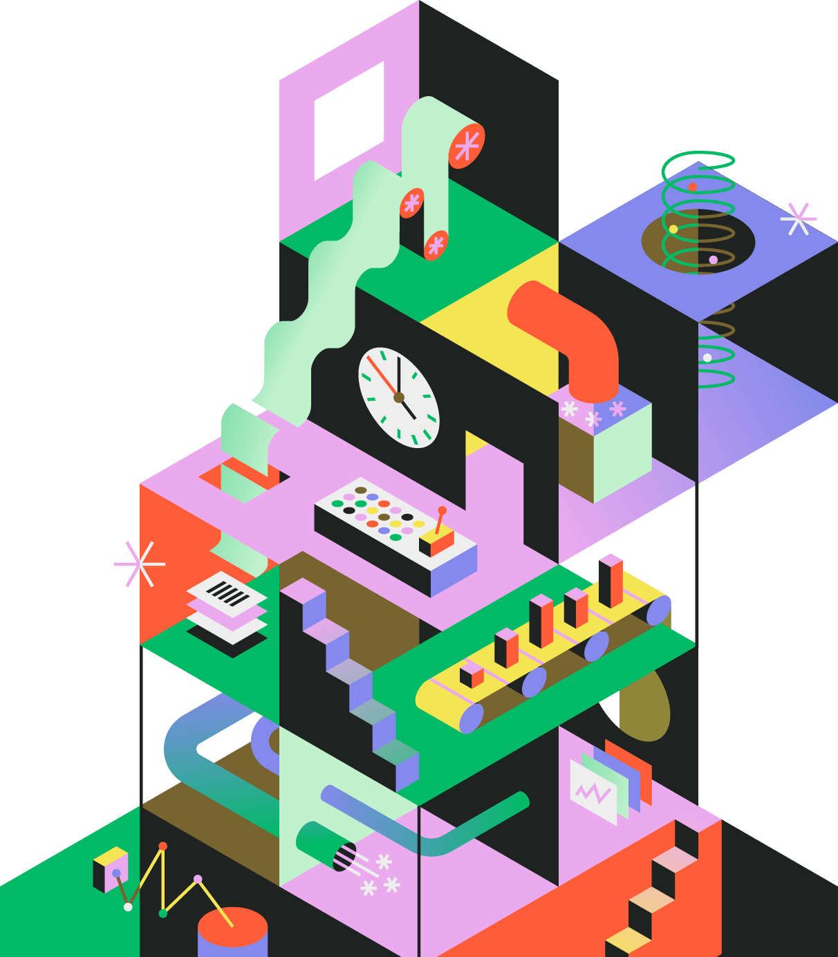 Colorful isometric illustration representing a CRM system with a conveyor belt of sales charts, data flows, and a control panel.